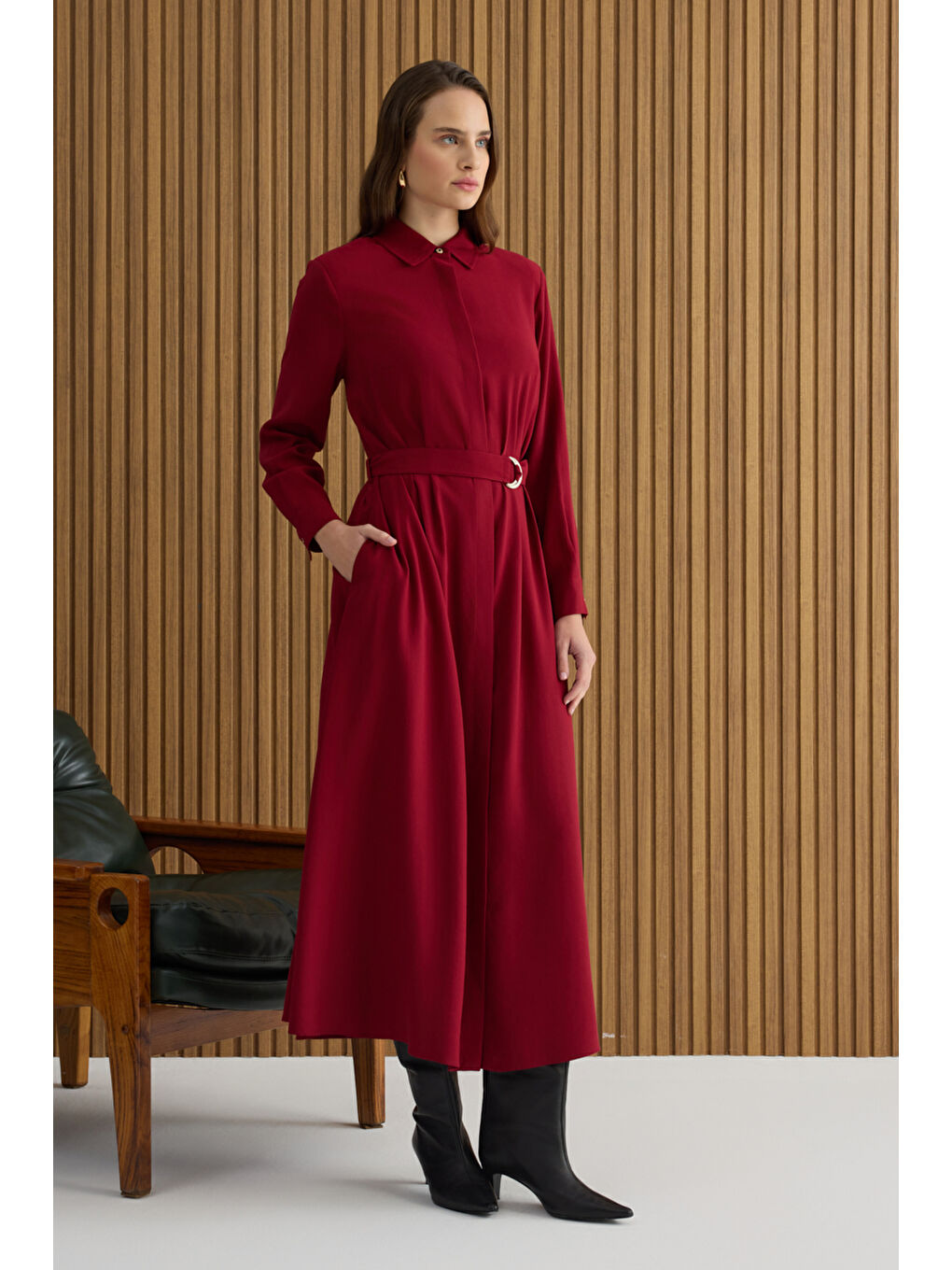 Bordo Metal Tokalı Modal Elbise-3