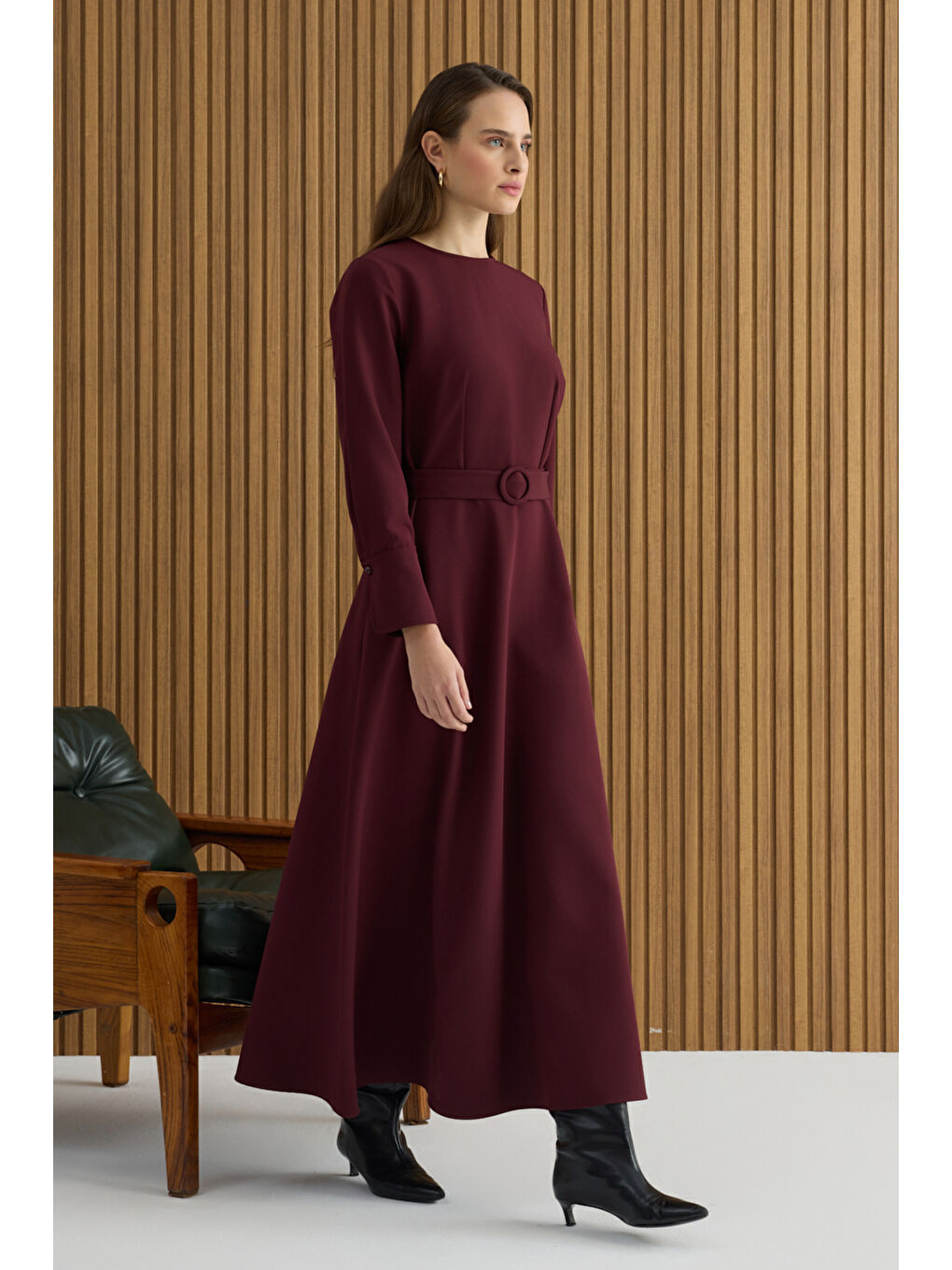 Bordo Kemerli Evaze Elbise-1