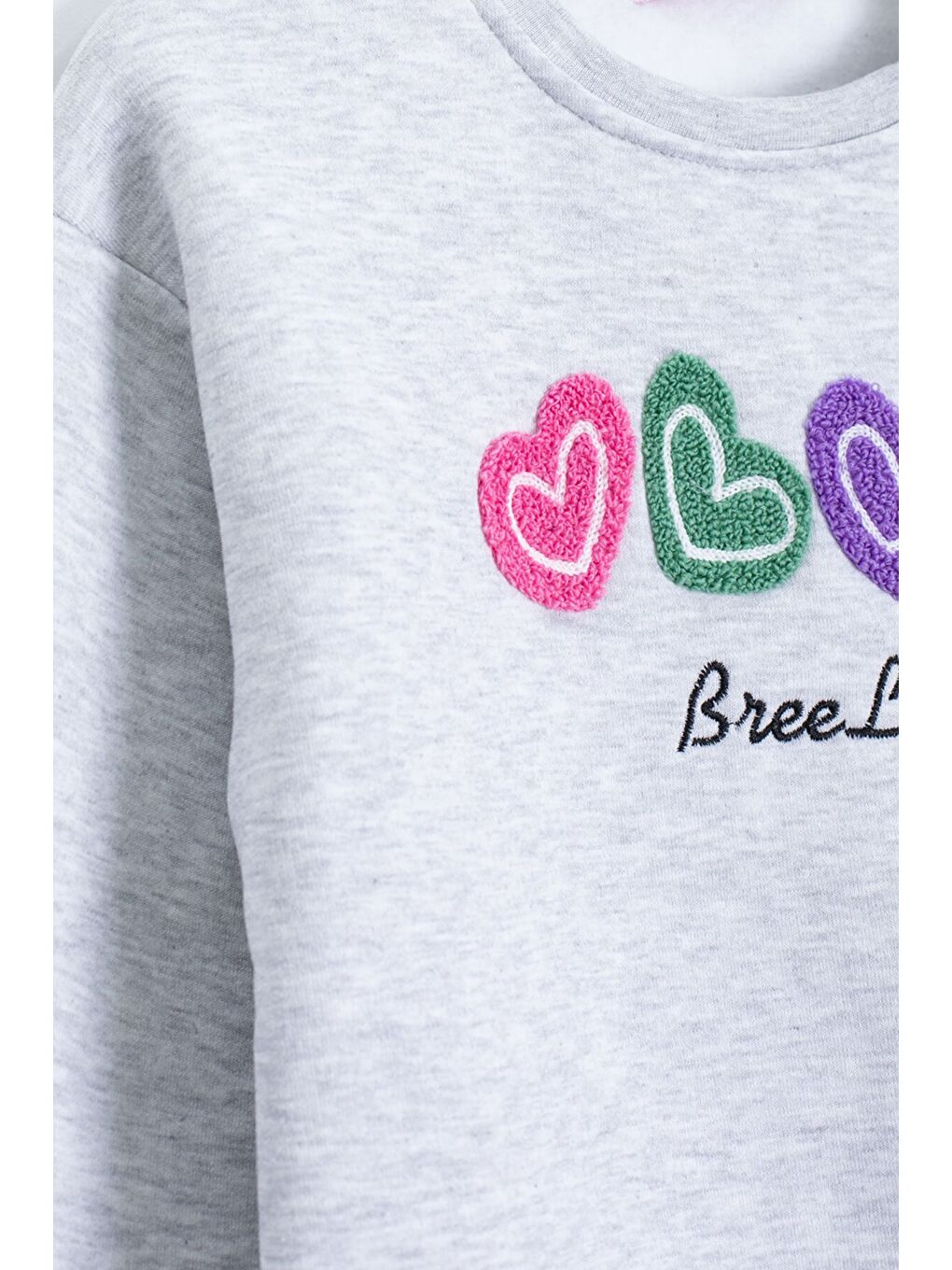 Gri Kalp Nakışlı Bisiklet Yaka Kız Çocuk Şardonlu Sweatshirt 23252-3