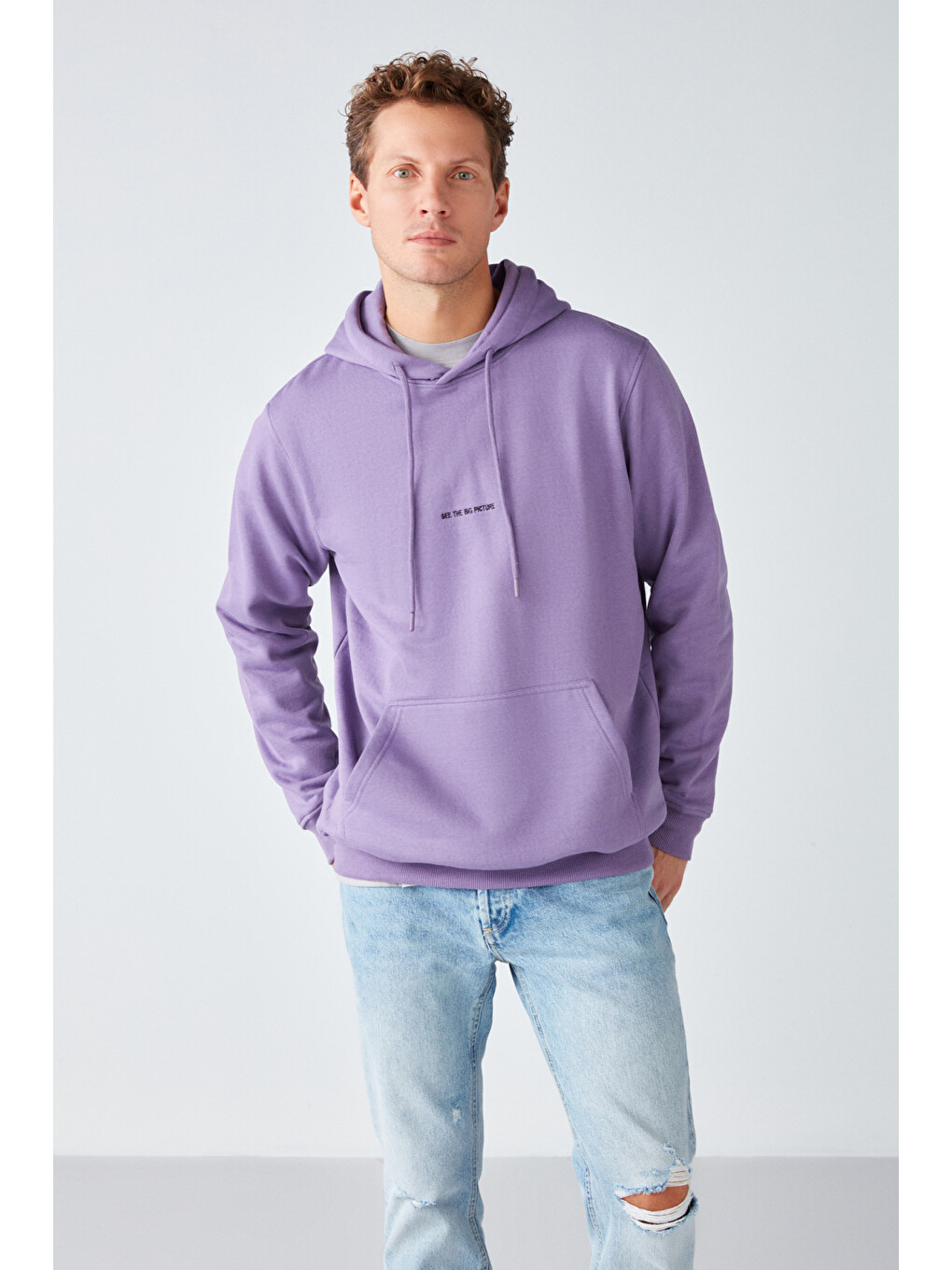 Epıc Erkek Organik Pamuklu Yumuşacık Nakış Detaylı Kapüşonlu Kordonlu Regular Mor Sweatshirt-2