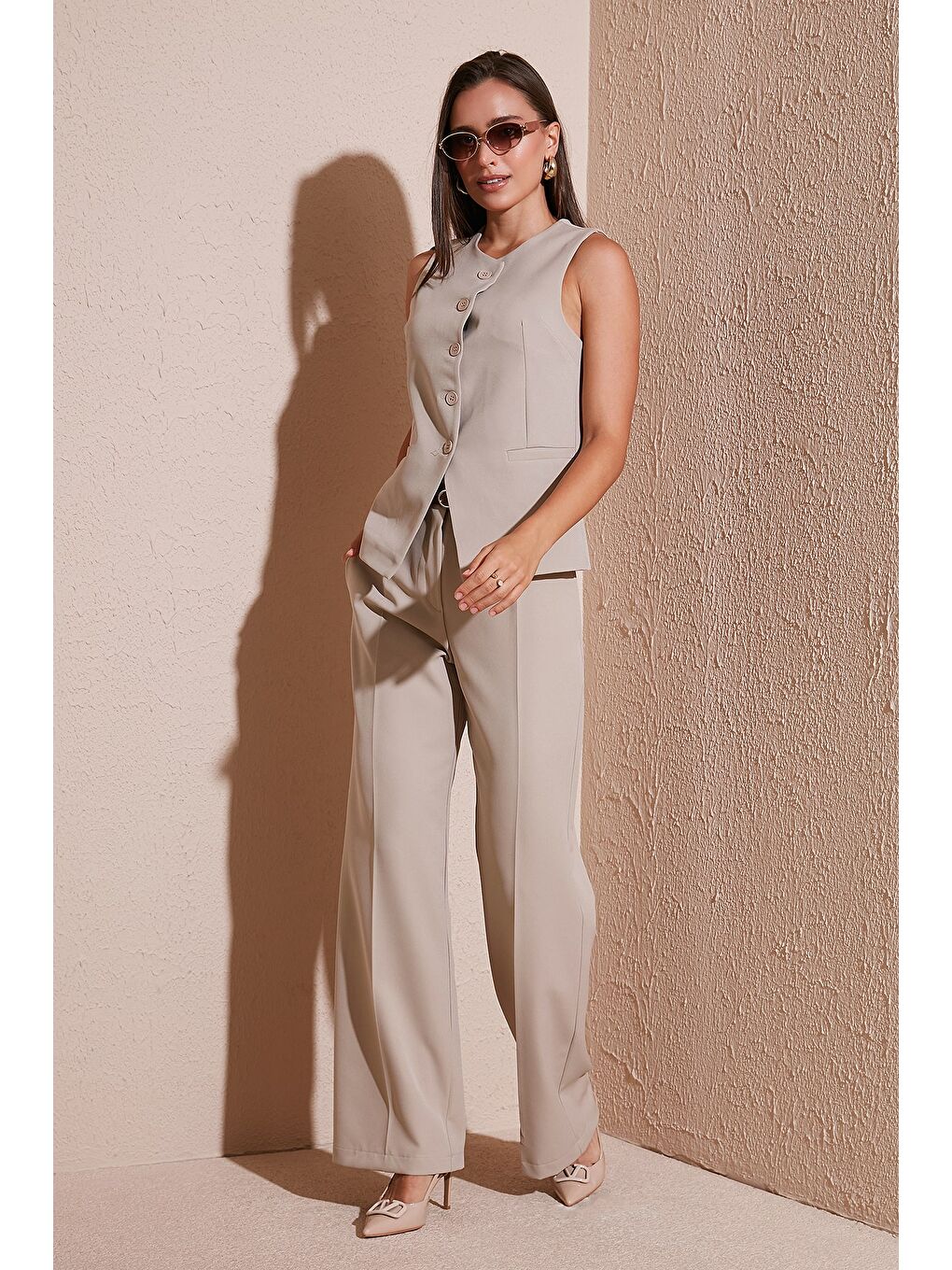 Bej Wide Leg Yüksek Bel Geniş Paça Palazzo Pantolon 65271262