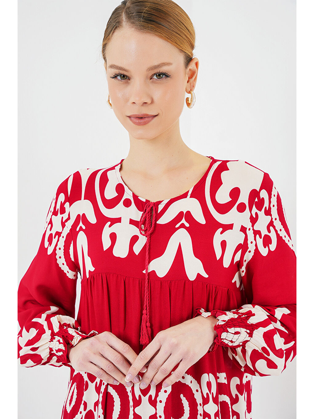 1947 Desenli Uzun Elbise - B.Kırmızı-3