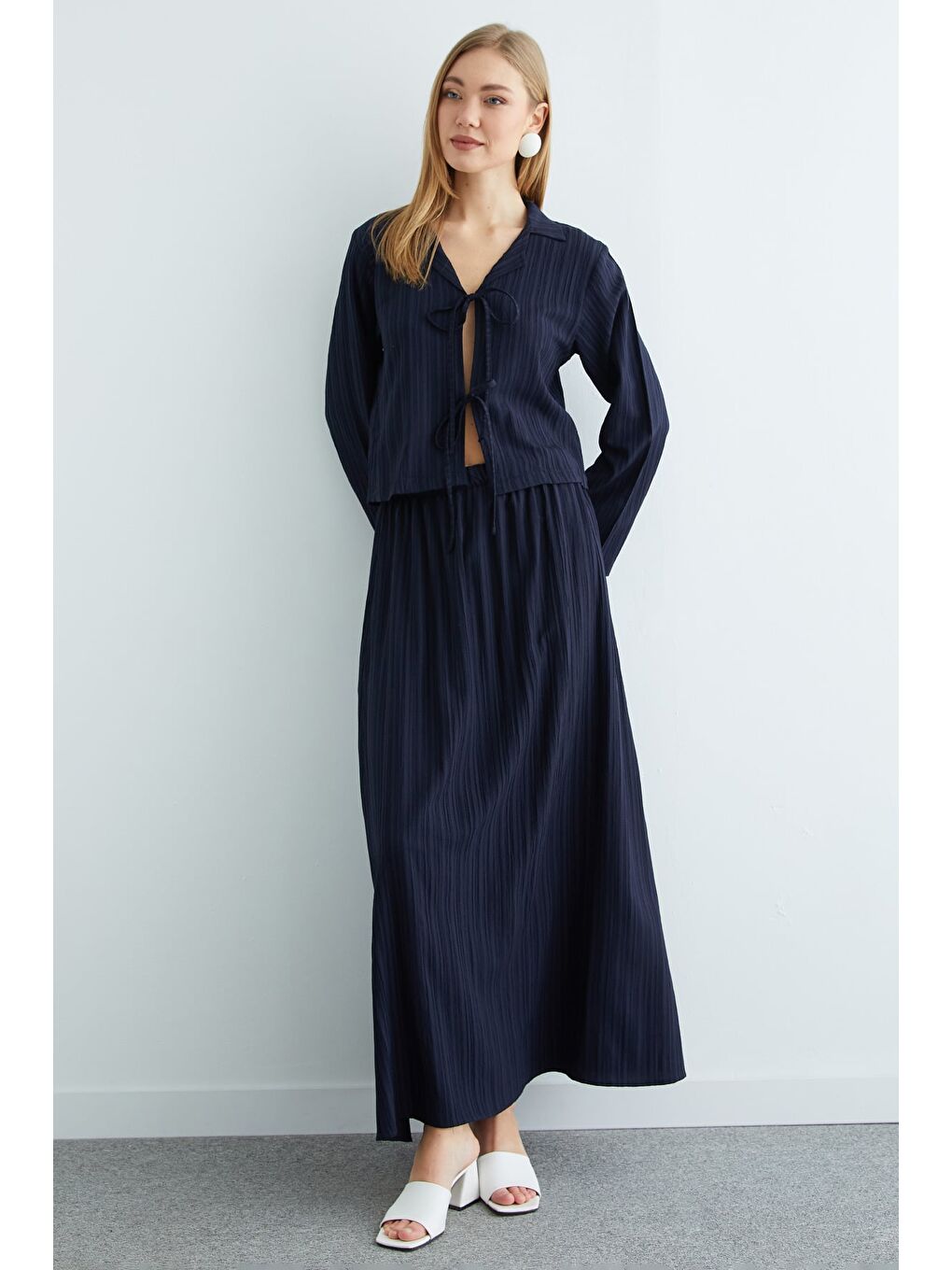 Lacivert Önü Bağlamalı Beli Lastikli Etekli 2 Li Takım