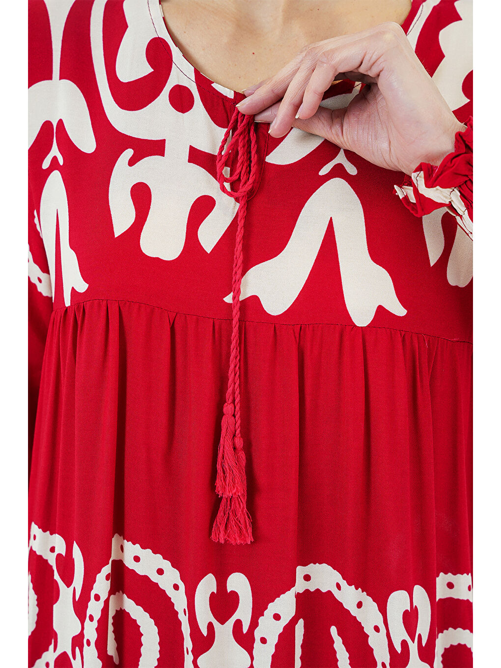 1947 Desenli Uzun Elbise - B.Kırmızı-4