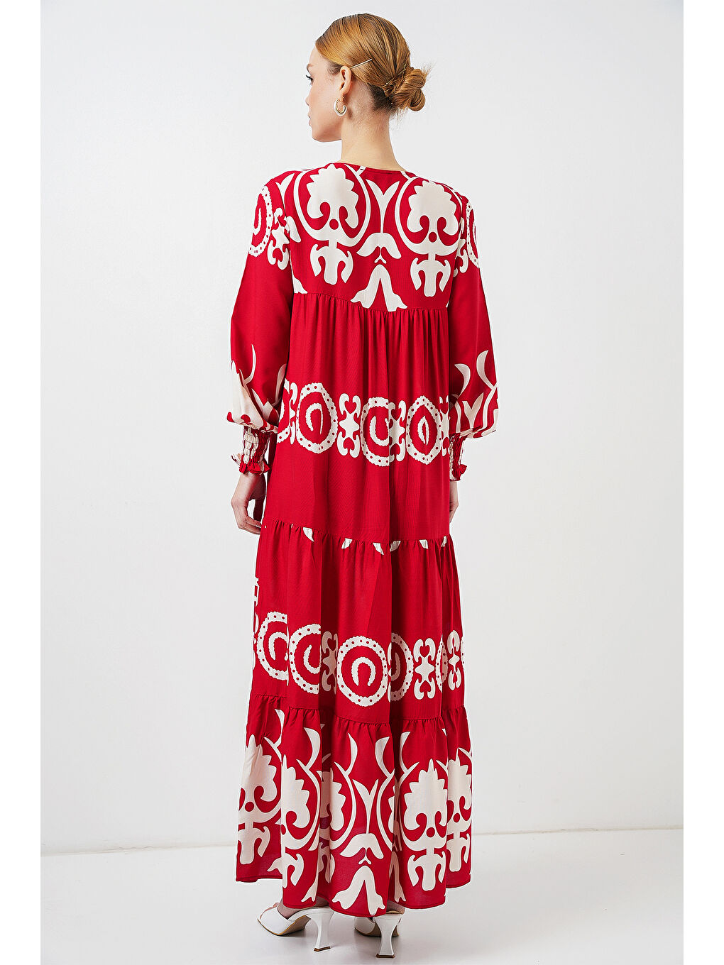 1947 Desenli Uzun Elbise - B.Kırmızı-5