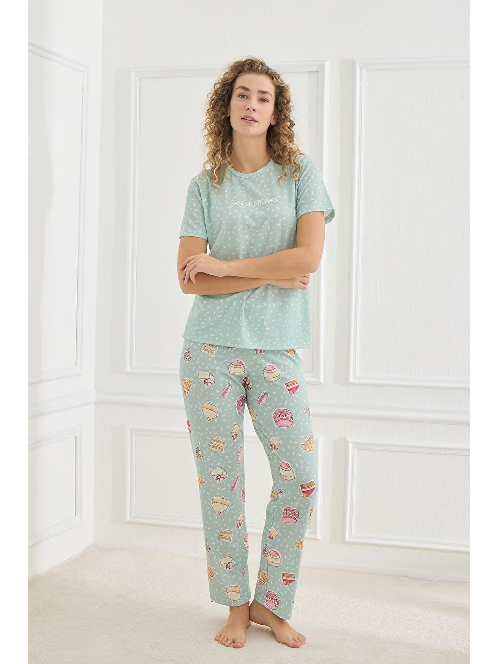 Kadın Desenli Elastanlı Süprem Bisiklet Yaka Pijama Takım | Turkuaz 70109-926