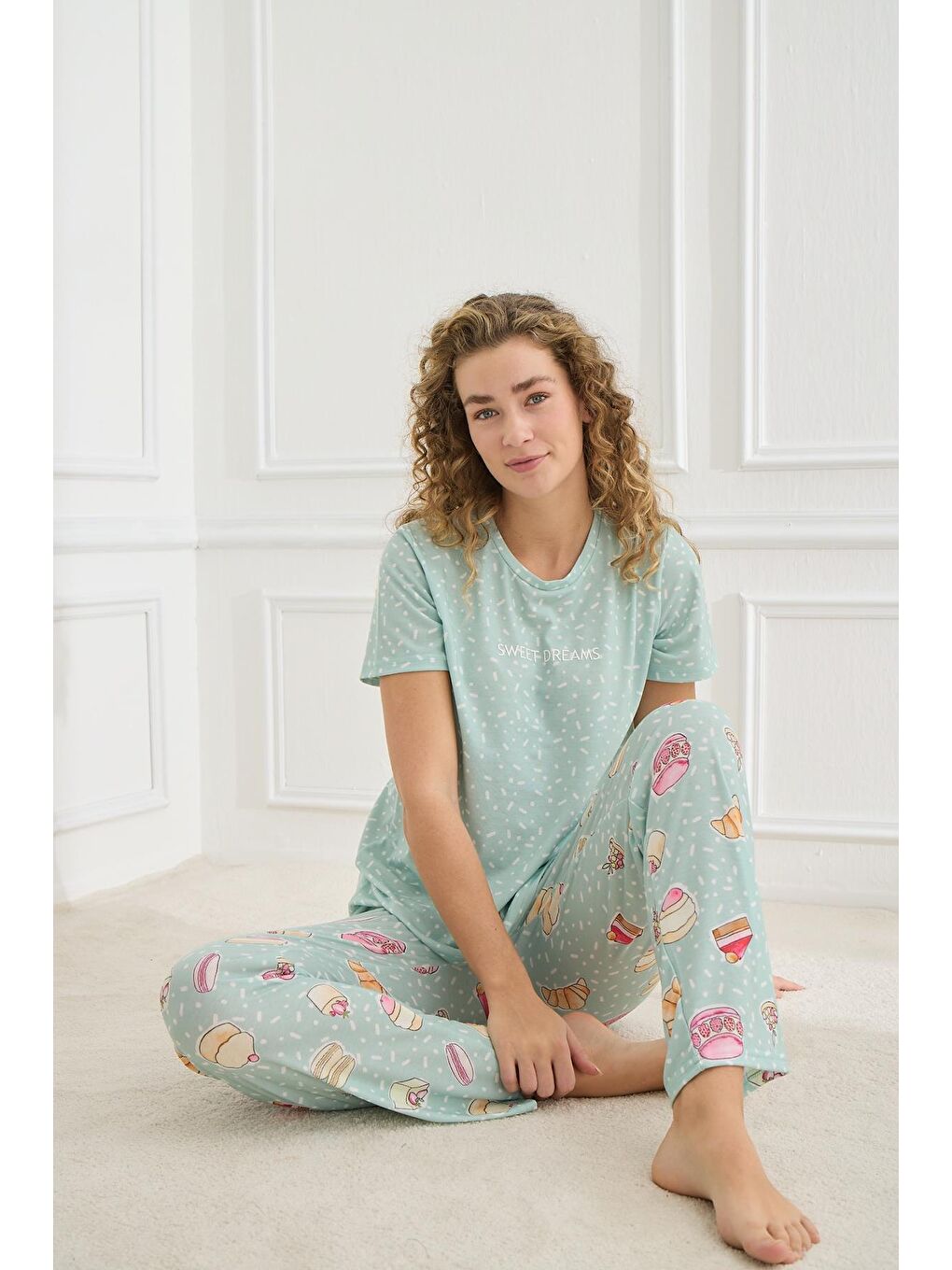 Kadın Desenli Elastanlı Süprem Bisiklet Yaka Pijama Takım | Turkuaz 70109-926-1