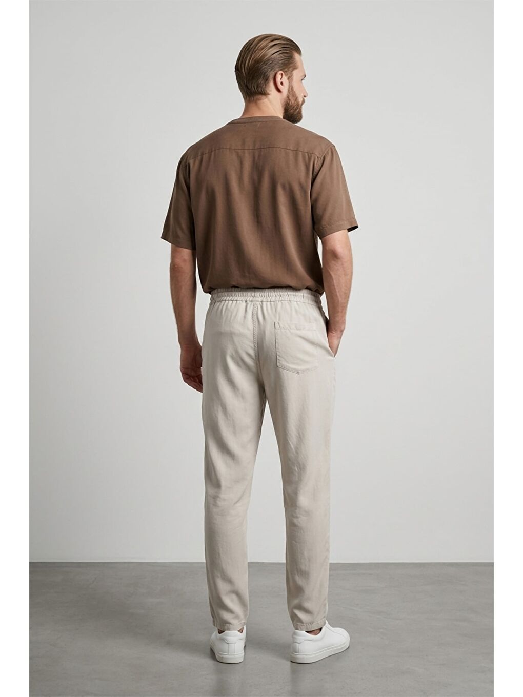 Bej Beli Lastikli Cepli Lyocell Pantolon-1