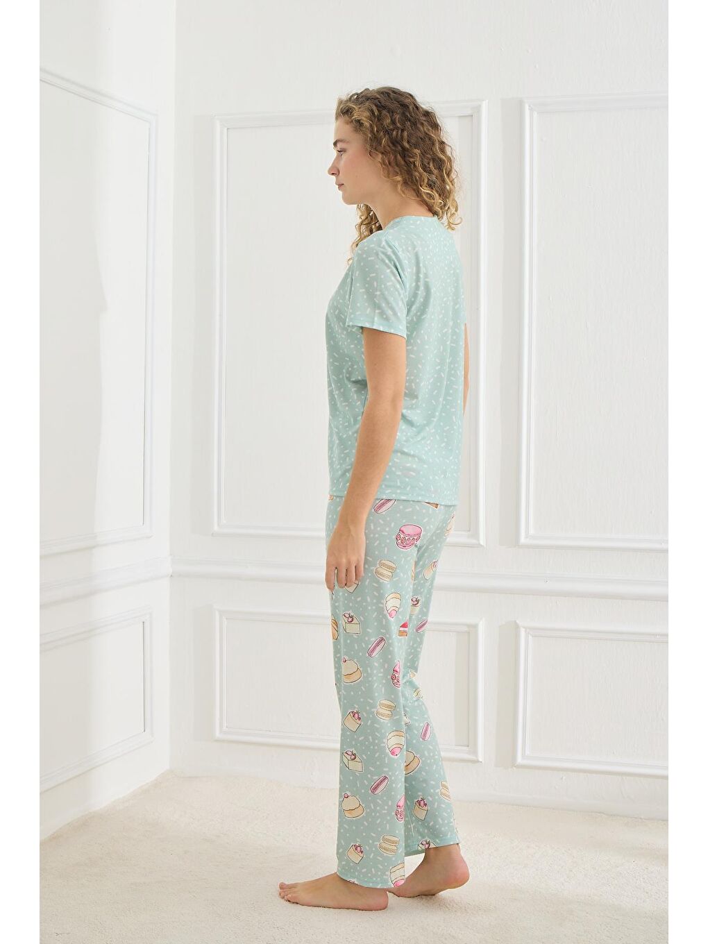 Kadın Desenli Elastanlı Süprem Bisiklet Yaka Pijama Takım | Turkuaz 70109-926-2