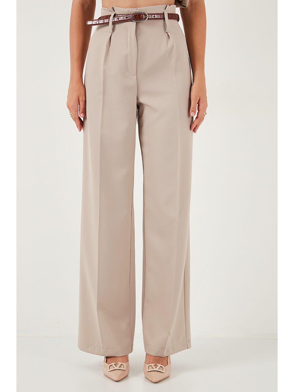 Bej Wide Leg Yüksek Bel Geniş Paça Palazzo Pantolon 65271262-1