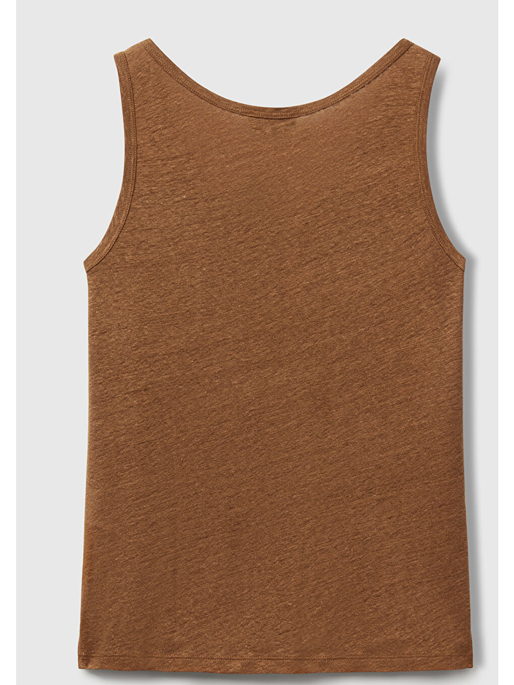 Kadın Kahverengi %100 Keten Yanları Yırtmaçlı Regular Fit Yuvarlak Yaka Atlet-3