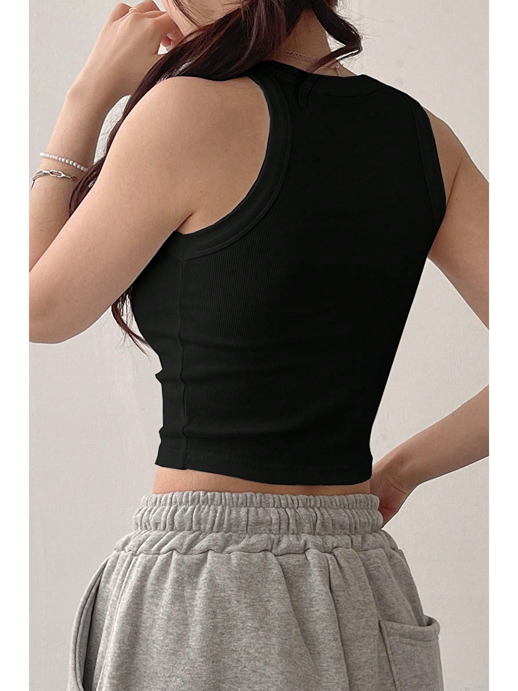 Kadın Siyah Kaşkorse Geniş Askılı Fitilli Crop Atlet-2