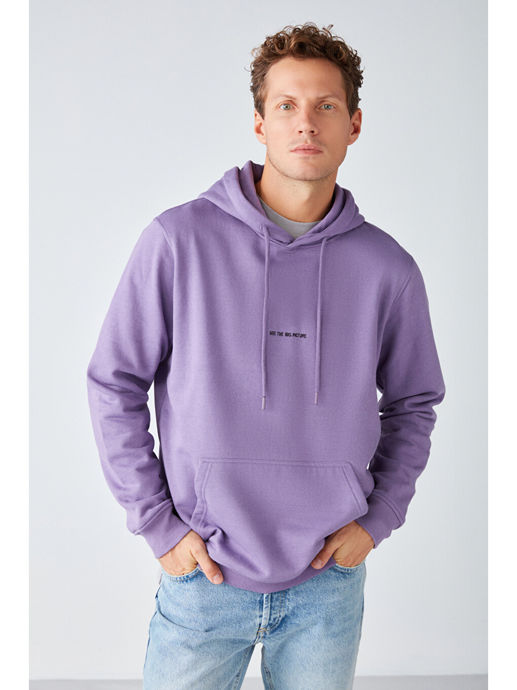 Epıc Erkek Organik Pamuklu Yumuşacık Nakış Detaylı Kapüşonlu Kordonlu Regular Mor Sweatshirt-3