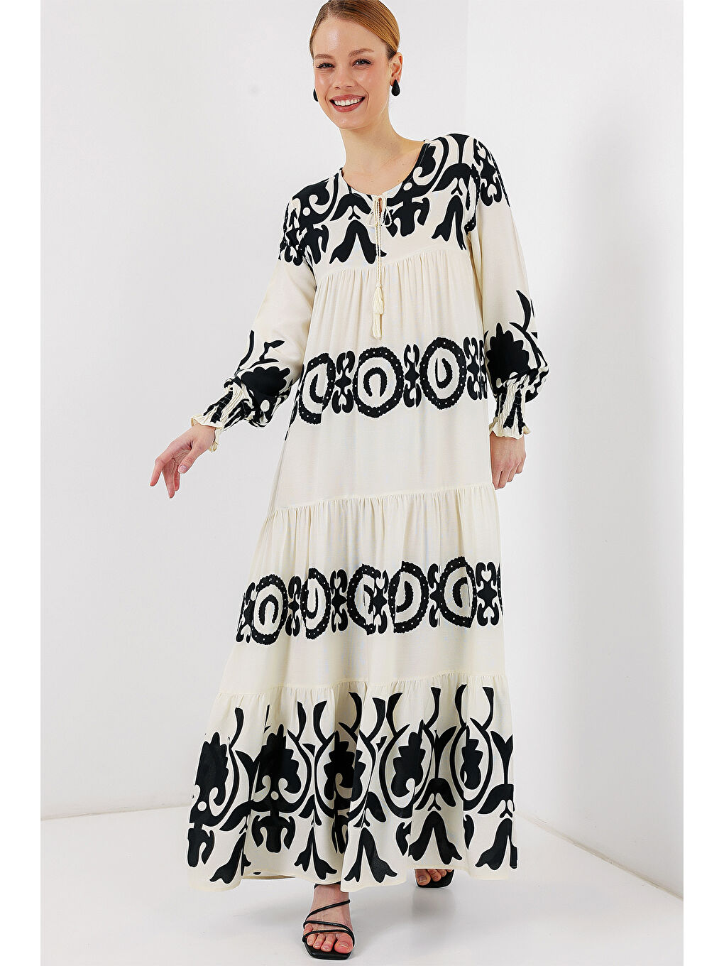1947 Desenli Uzun Elbise - B.Beyaz-2