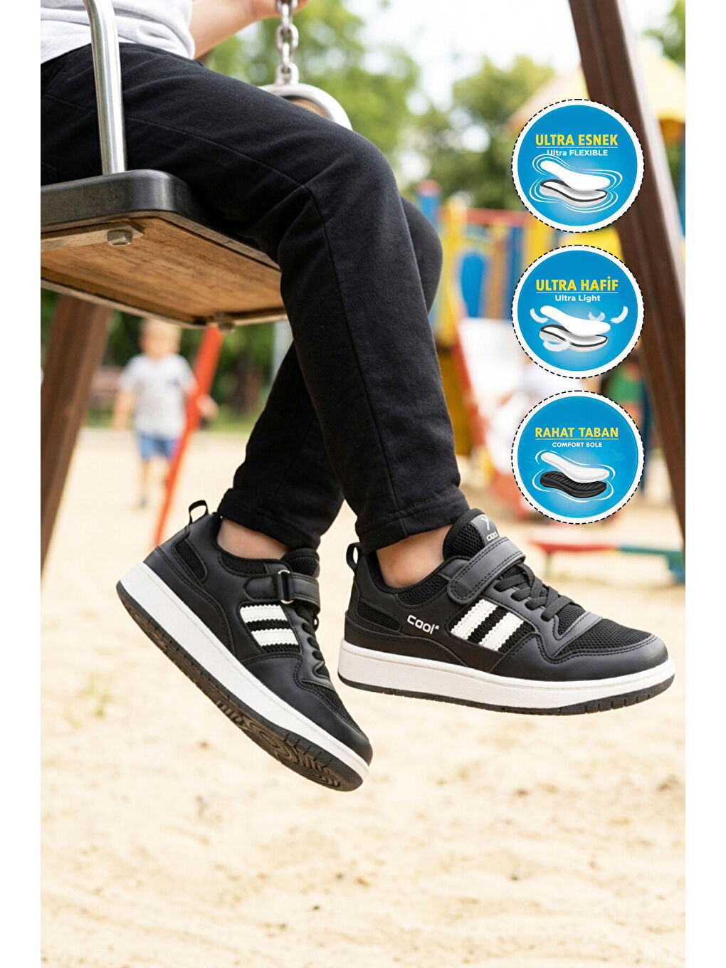 Siyah Fileli Hafif Cırtlı Unisex Çocuk Spor Ayakkabı Stella F-2