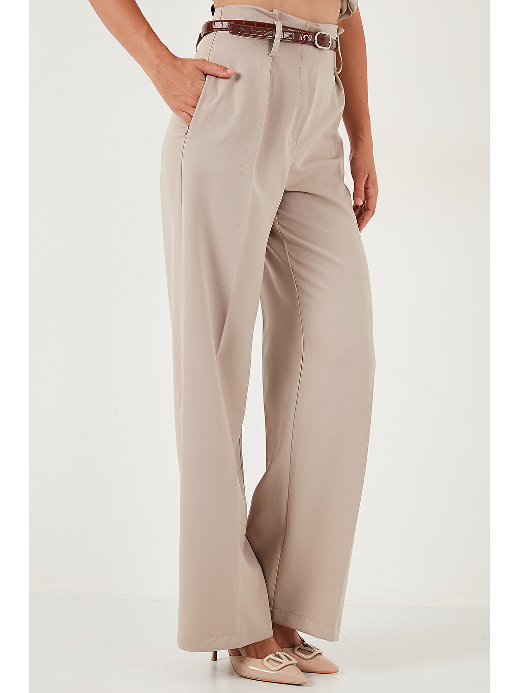 Bej Wide Leg Yüksek Bel Geniş Paça Palazzo Pantolon 65271262-2