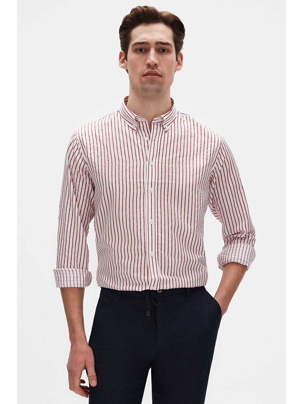 Slim Fit Kırmızı Çizgili Gömlek-1