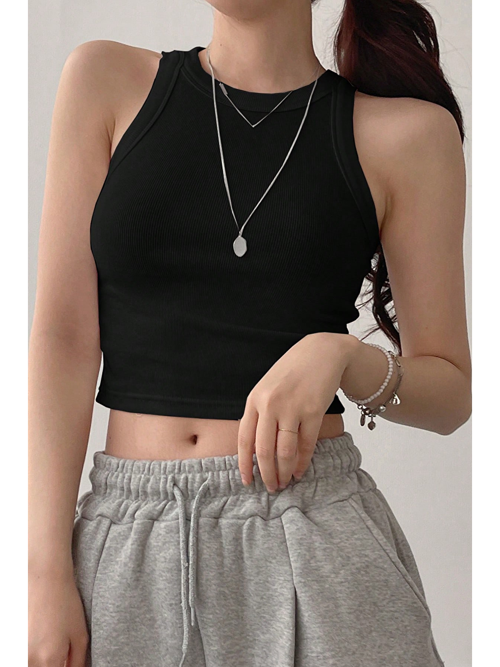 Kadın Siyah Kaşkorse Geniş Askılı Fitilli Crop Atlet-4