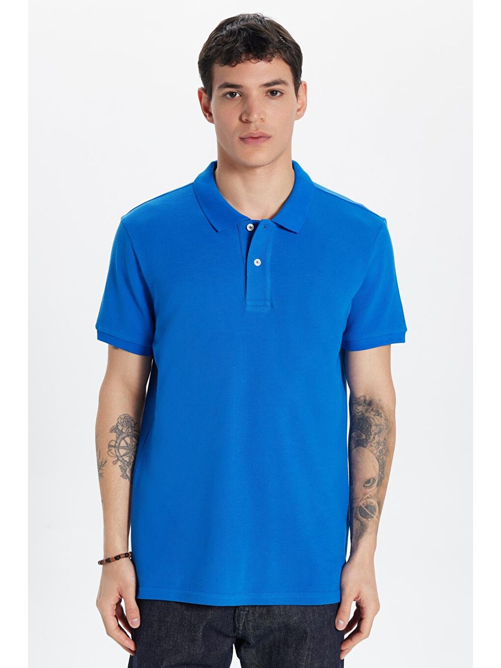 Erkek Slim Fit Dar Kesim %100 Pamuk Saks Mavi Polo Yaka Tişört