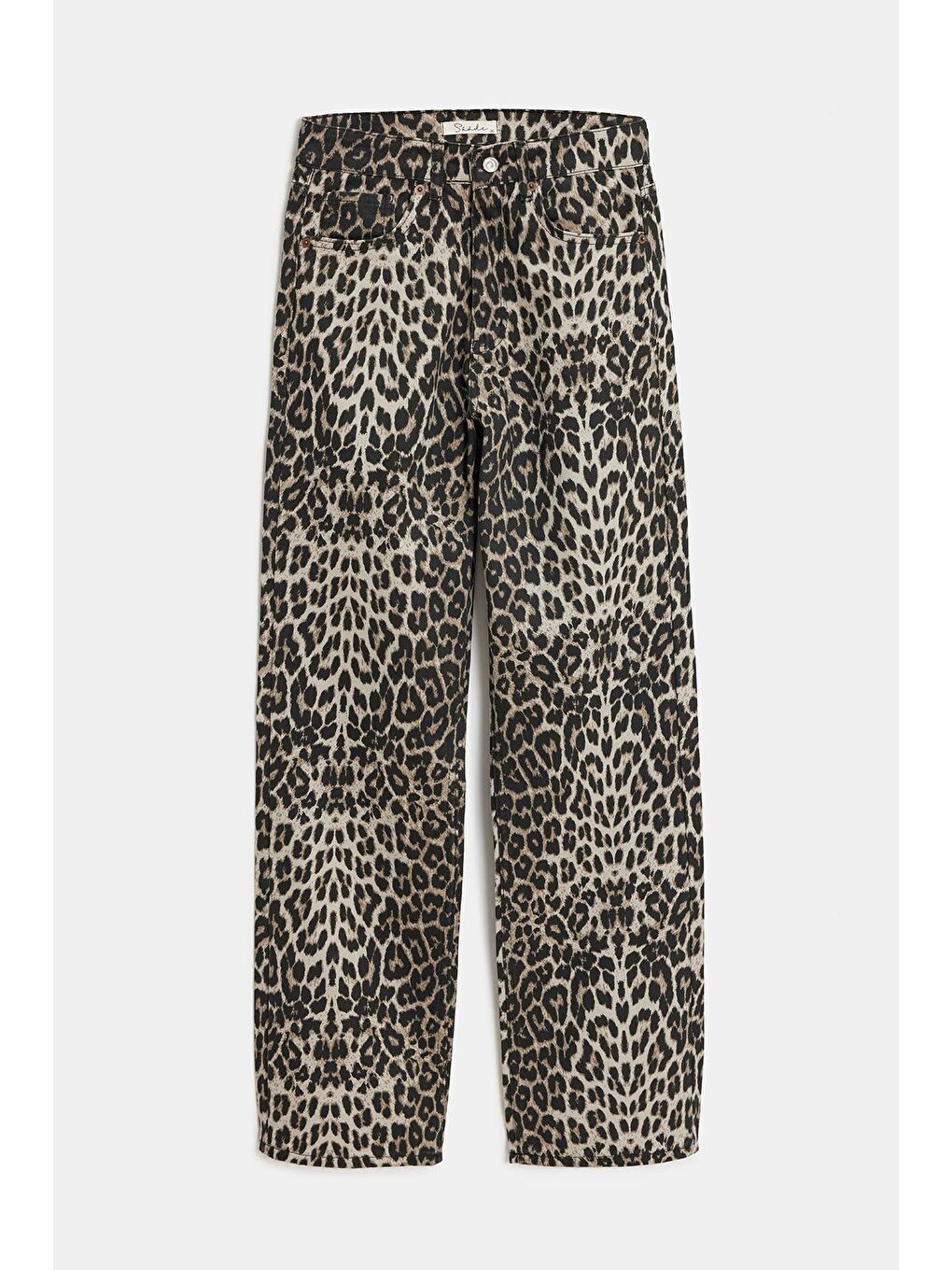 Siyah Kadın Leopar Desenli Yüksek Bel Wide Leg Jean Pantolon-5