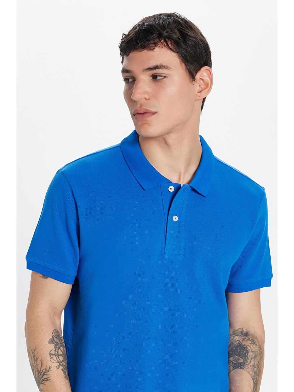 Erkek Slim Fit Dar Kesim %100 Pamuk Saks Mavi Polo Yaka Tişört-1