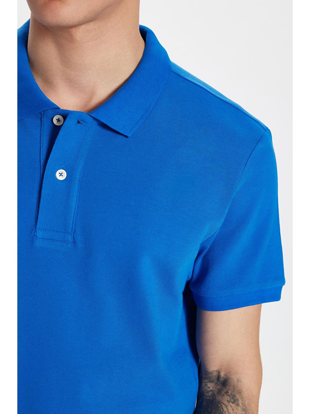 Erkek Slim Fit Dar Kesim %100 Pamuk Saks Mavi Polo Yaka Tişört-2
