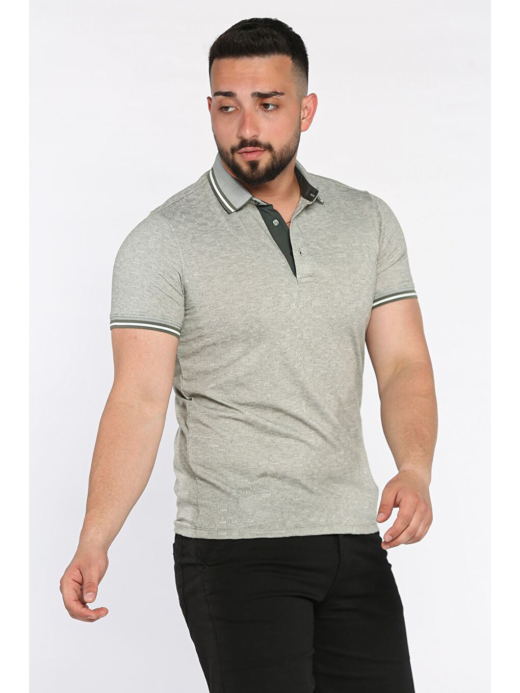 Haki Yarım Düğmeli Polo Yaka Erkek Tişört-1