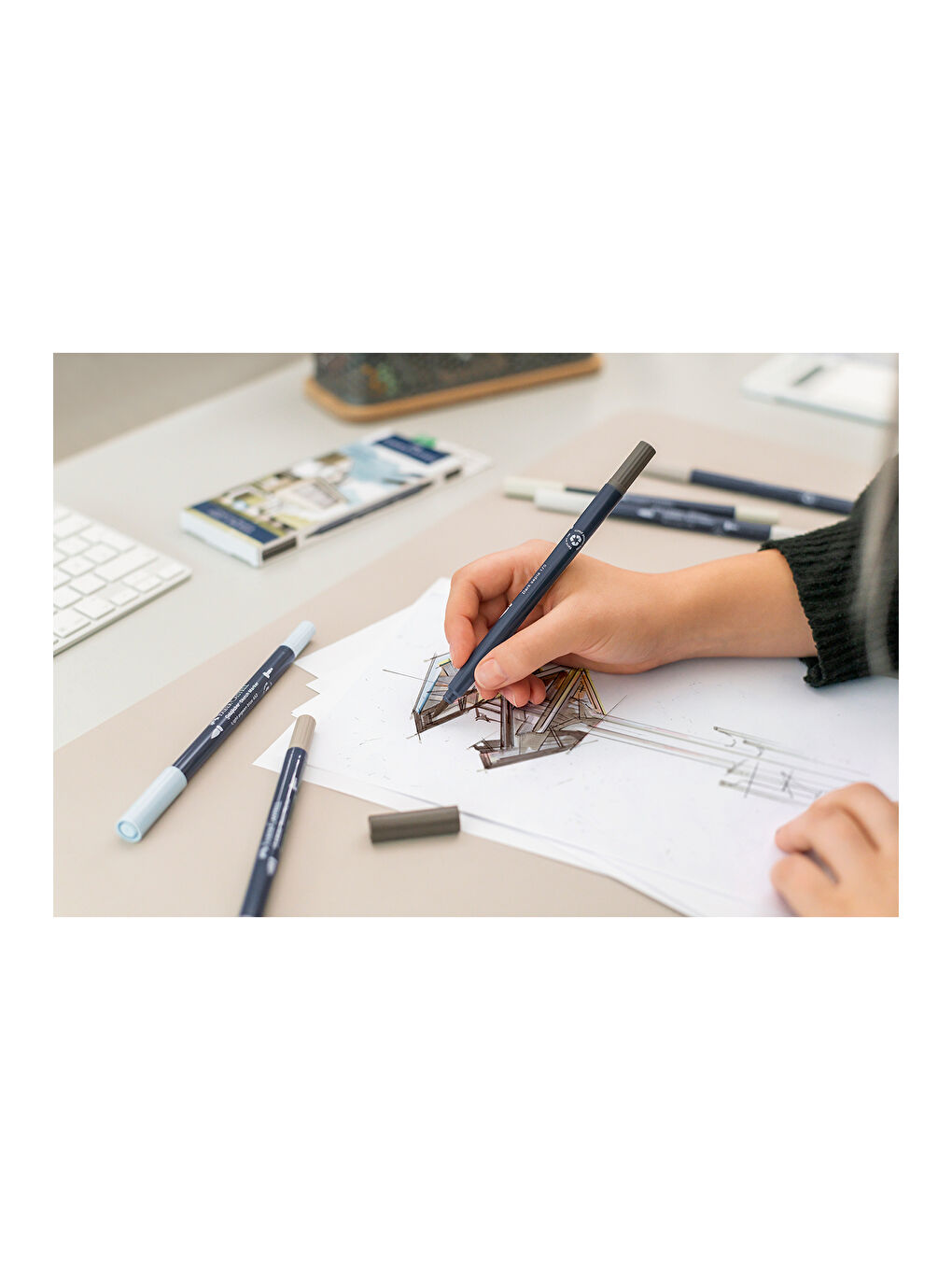 Goldfaber Sketch Marker Seti, Architect, Mimari Projeler İçin, Su Bazlı, Fırça ve Fineliner Uçlu-5