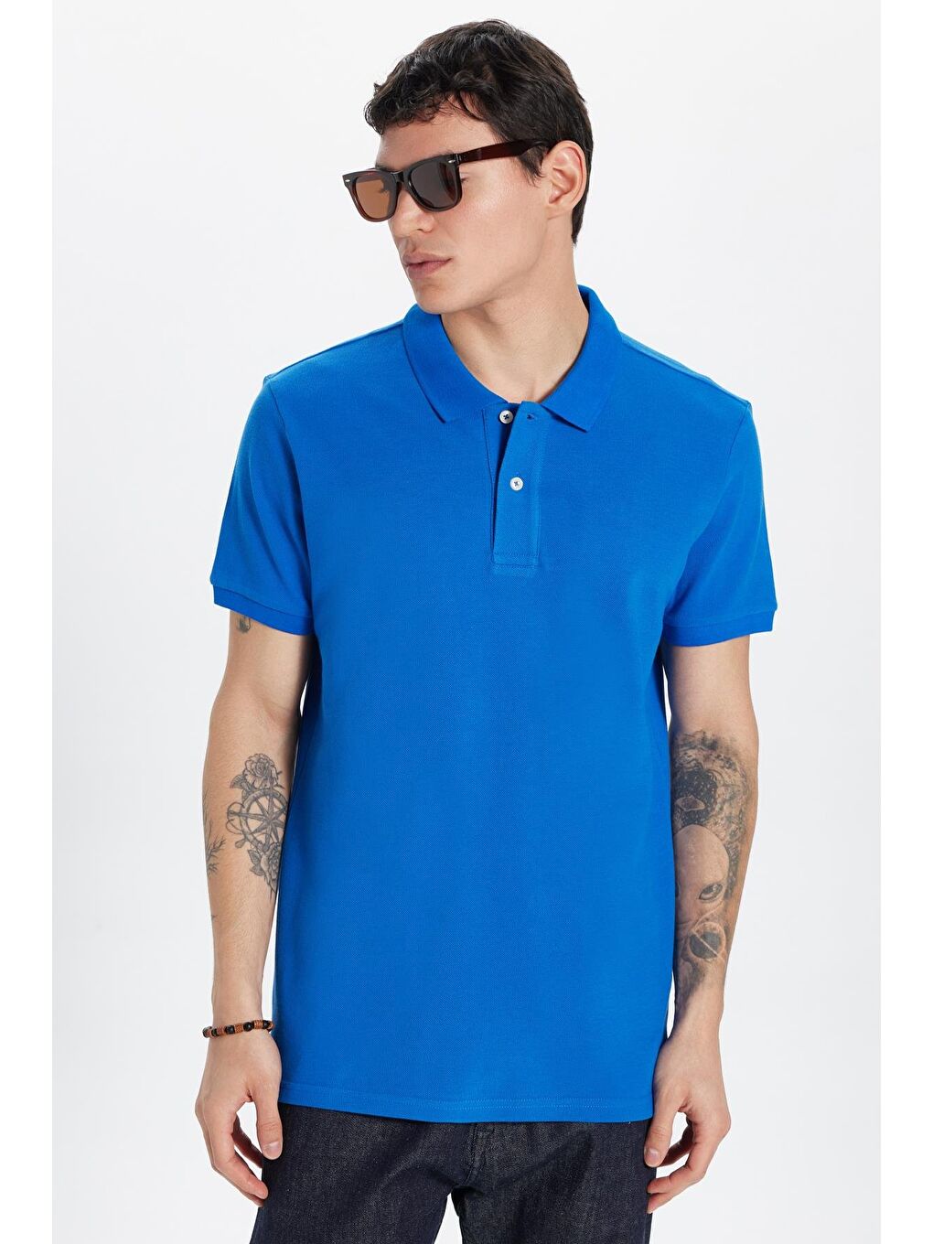 Erkek Slim Fit Dar Kesim %100 Pamuk Saks Mavi Polo Yaka Tişört-3