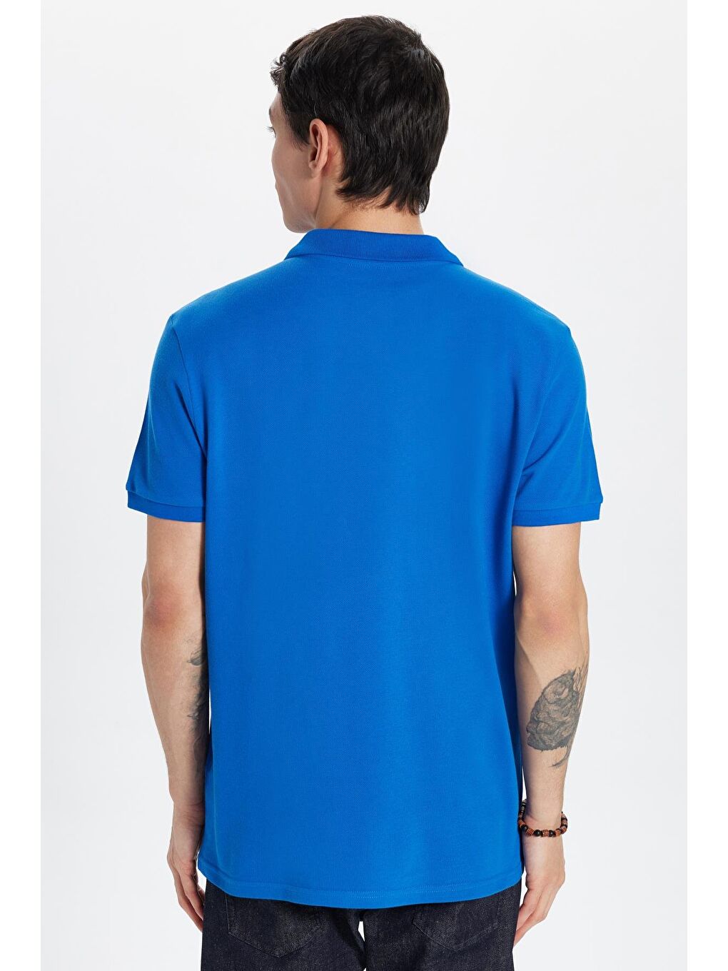 Erkek Slim Fit Dar Kesim %100 Pamuk Saks Mavi Polo Yaka Tişört-4