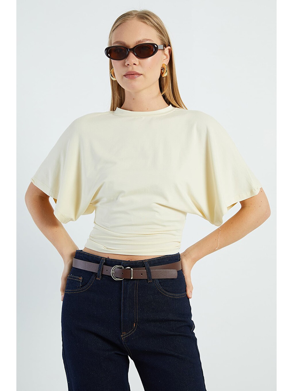 Sarı Yarasa Kol Bisiklet Yaka Crop Bluz