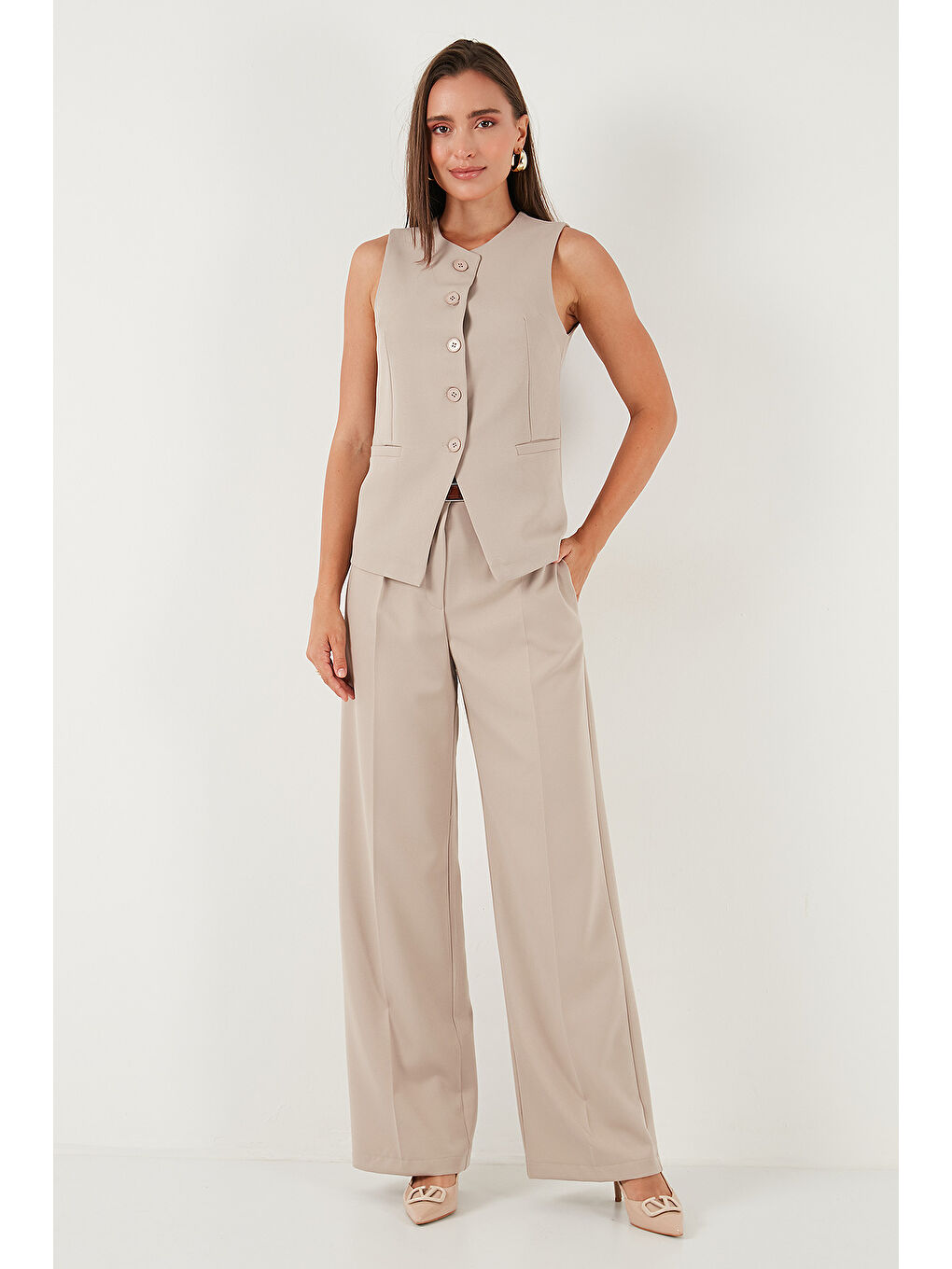 Bej Wide Leg Yüksek Bel Geniş Paça Palazzo Pantolon 65271262-3