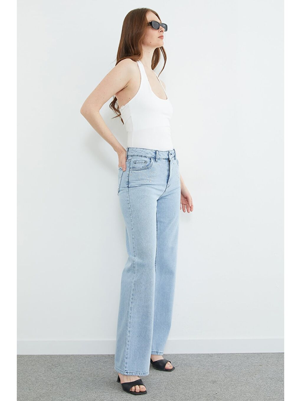 Mavi Perçin Detaylı Yüksek Bel Jean-2
