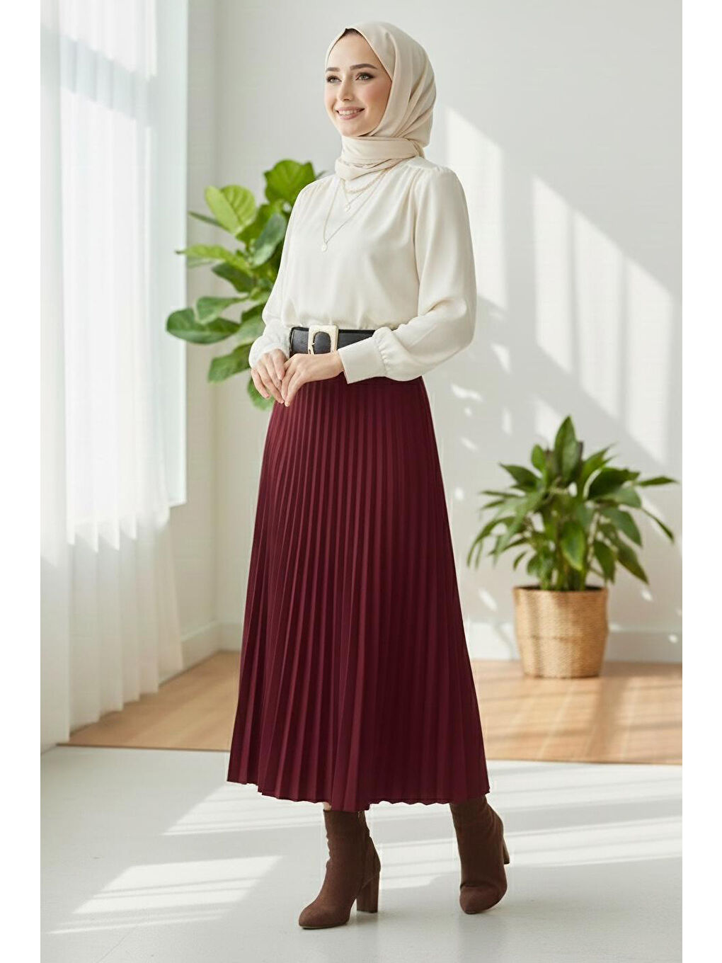 Piliseli Kemerli Süet Etek Bordo - 28092-BORDO-1