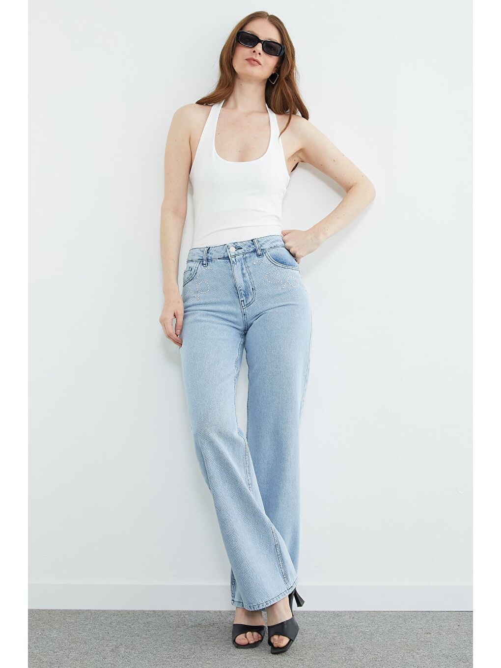 Mavi Perçin Detaylı Yüksek Bel Jean-3