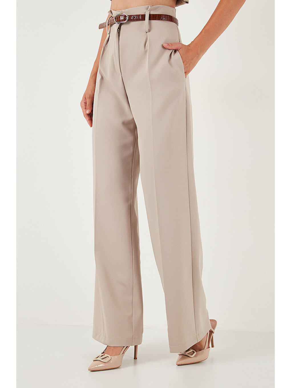 Bej Wide Leg Yüksek Bel Geniş Paça Palazzo Pantolon 65271262-4