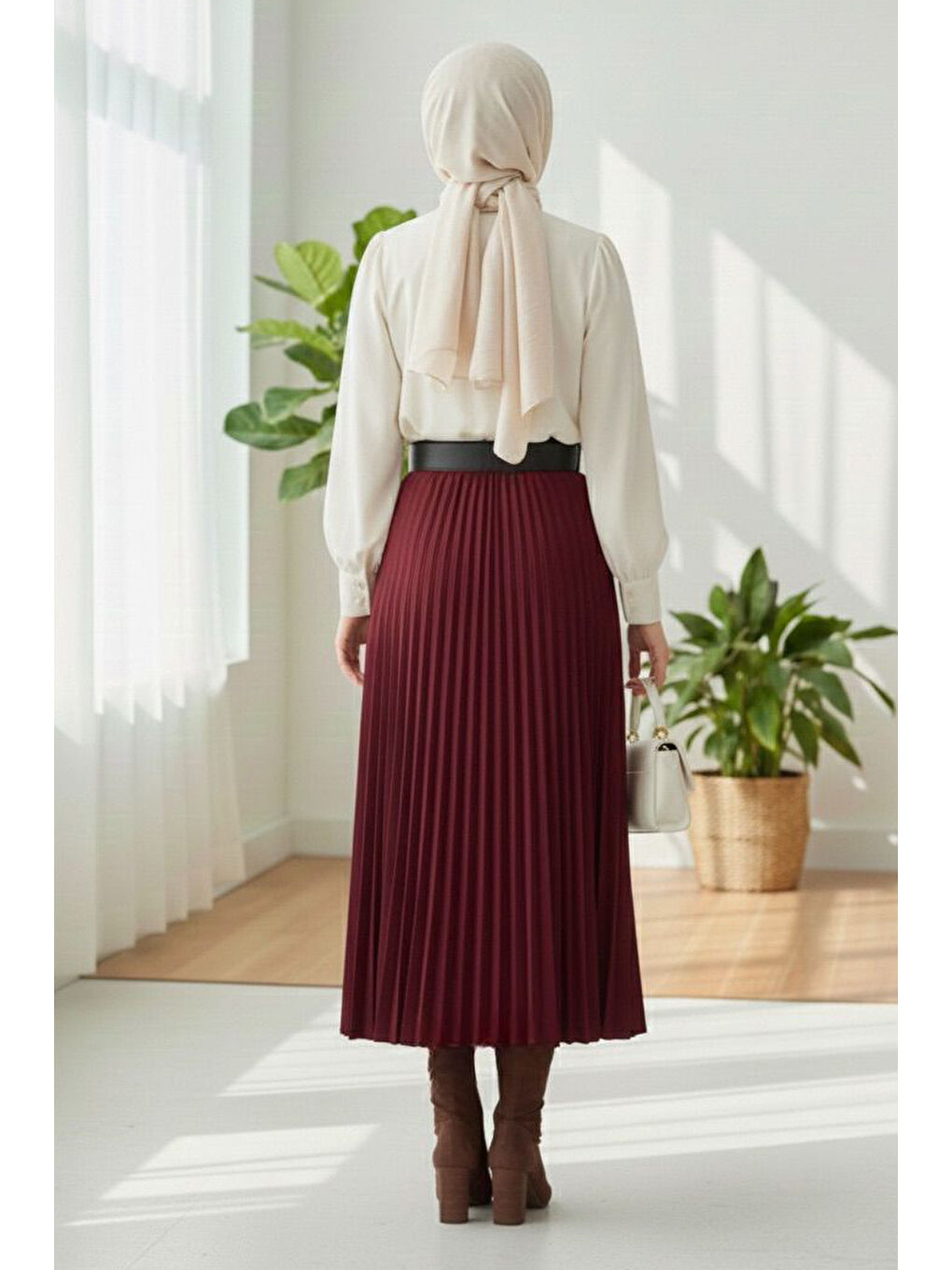 Piliseli Kemerli Süet Etek Bordo - 28092-BORDO-2