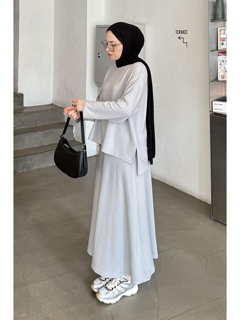 Kristal Kloş Etekli Tesettür Gri-1