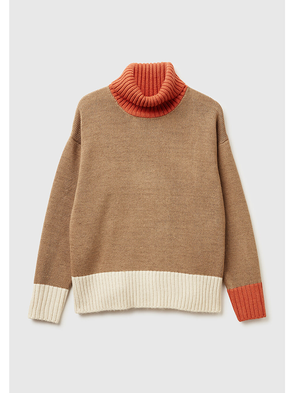 Kadın Açık Kahverengi Akrilik ve Yün Karışımlı Çok Renkli Balıkçı Yaka Kazak-1
