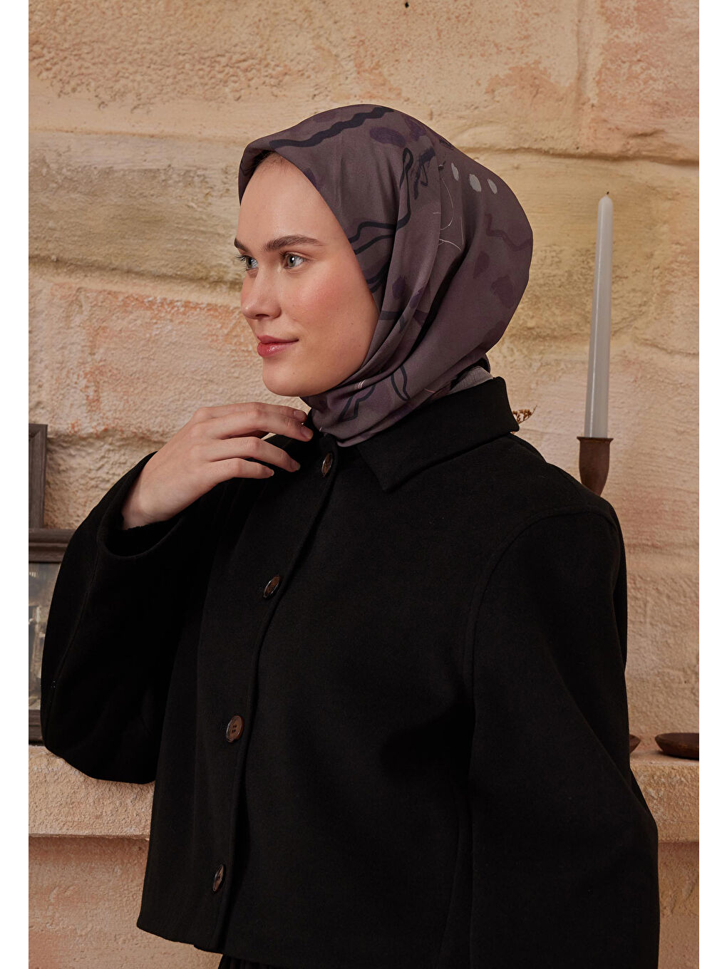 Aura Desen Pamuk İpek Eşarp Koyu Mürdüm-2