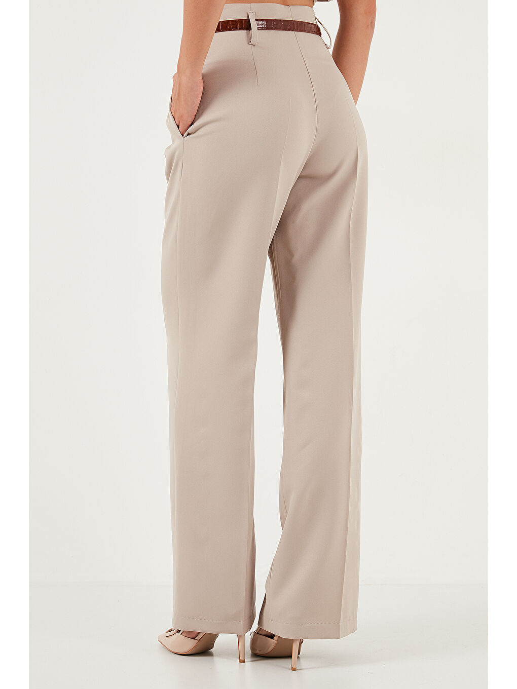 Bej Wide Leg Yüksek Bel Geniş Paça Palazzo Pantolon 65271262-5