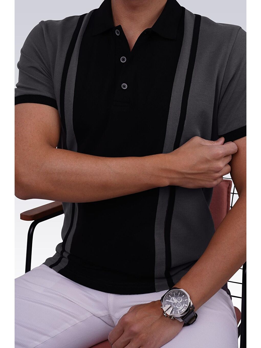 Füme Siyah Çift Renkli Erkek Polo Yaka %100 Pamuk Tişört-1