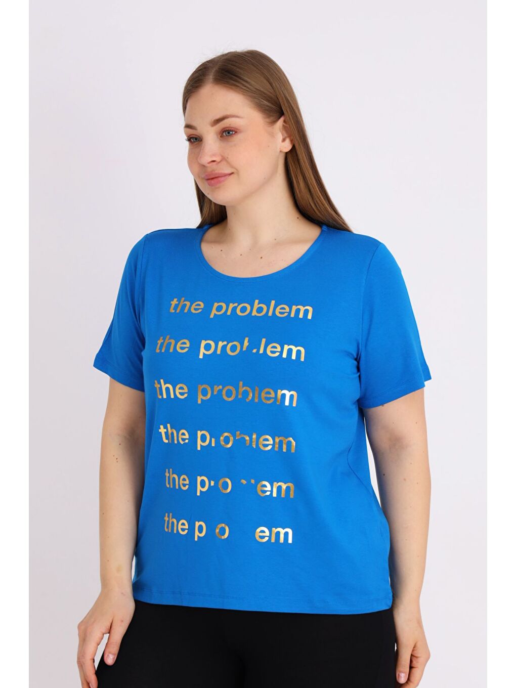 Mavi Kadın Büyük Beden Kısa Kollu Baskılı T-shirt-1