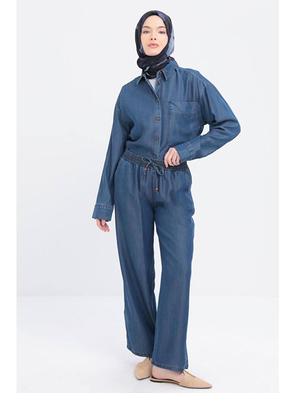 Koyu Mavi-Beli Lastikli Denim Pantolon