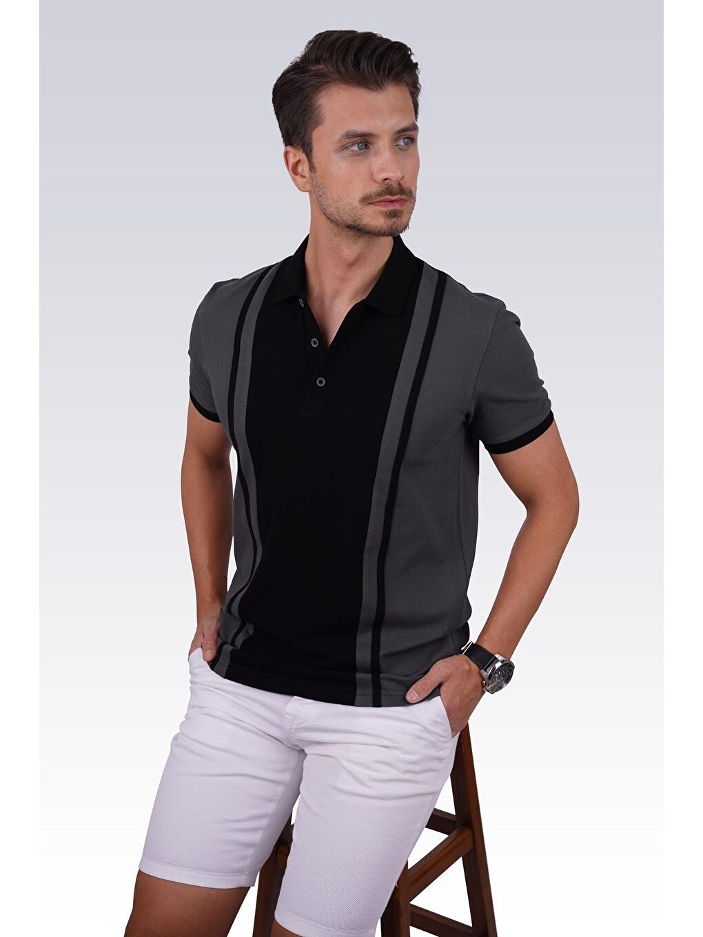 Füme Siyah Çift Renkli Erkek Polo Yaka %100 Pamuk Tişört-4