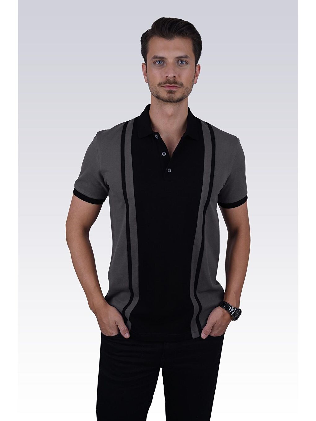 Füme Siyah Çift Renkli Erkek Polo Yaka %100 Pamuk Tişört-6