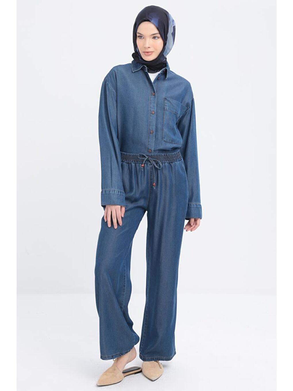Koyu Mavi-Beli Lastikli Denim Pantolon-1
