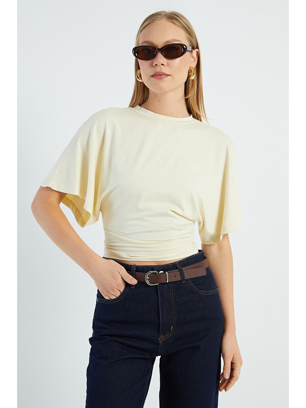 Sarı Yarasa Kol Bisiklet Yaka Crop Bluz-1