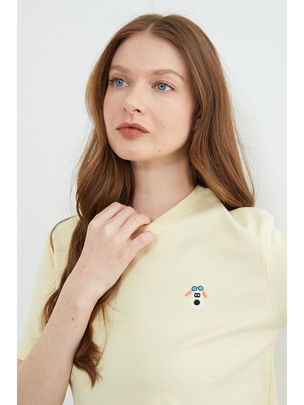 Sarı Köpek Nakışlı Bisiklet Yaka Tişört-4