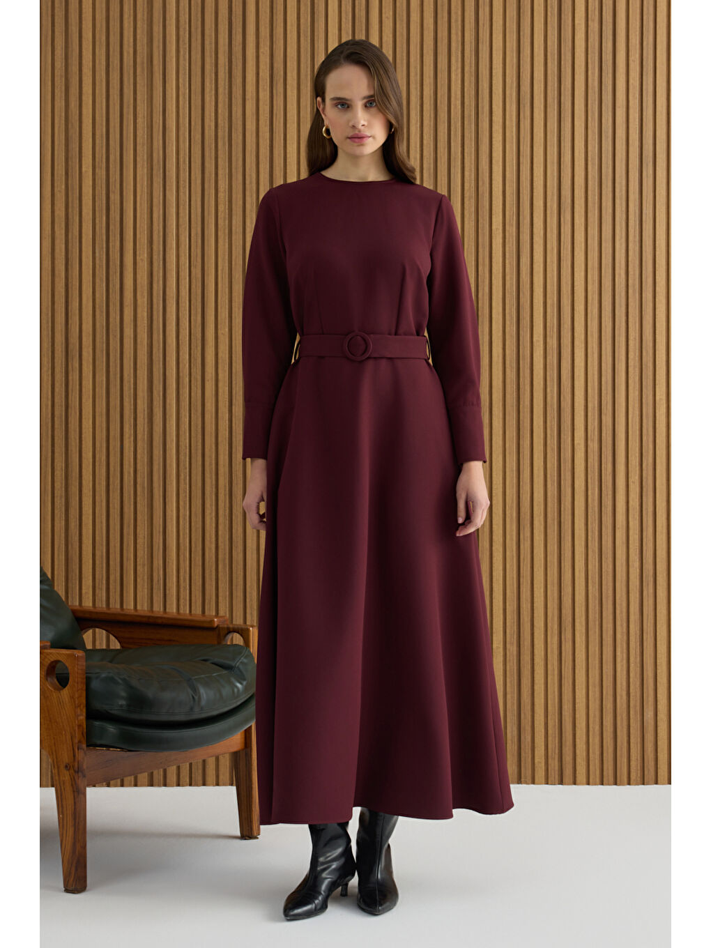 Bordo Kemerli Evaze Elbise-2